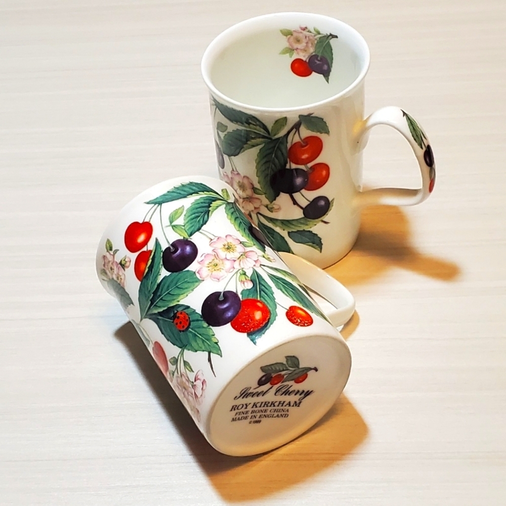 Set Of 2 Vintage Roy Kirkham "Sweet Cherry" Fine Bone China Mugs - England